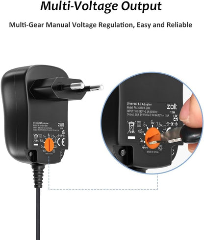 Zolt 12W Universal AC to DC Power Supply 3 V 4.5 V 5 V 6 V 7.5 V 9 V 12 V 1 A, Multi-voltage Adapter with 8 DC Plugs for Home Electronics