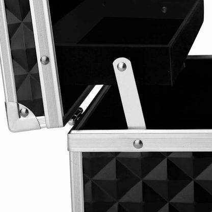 Costcom Portable Beauty Cosmetic Carry Case Makeup Diamond Organisation Box w/Mirror 2-Tier Detachable Beauty Case for Makeup Artists, Travel, Jewelry Storage (Black)