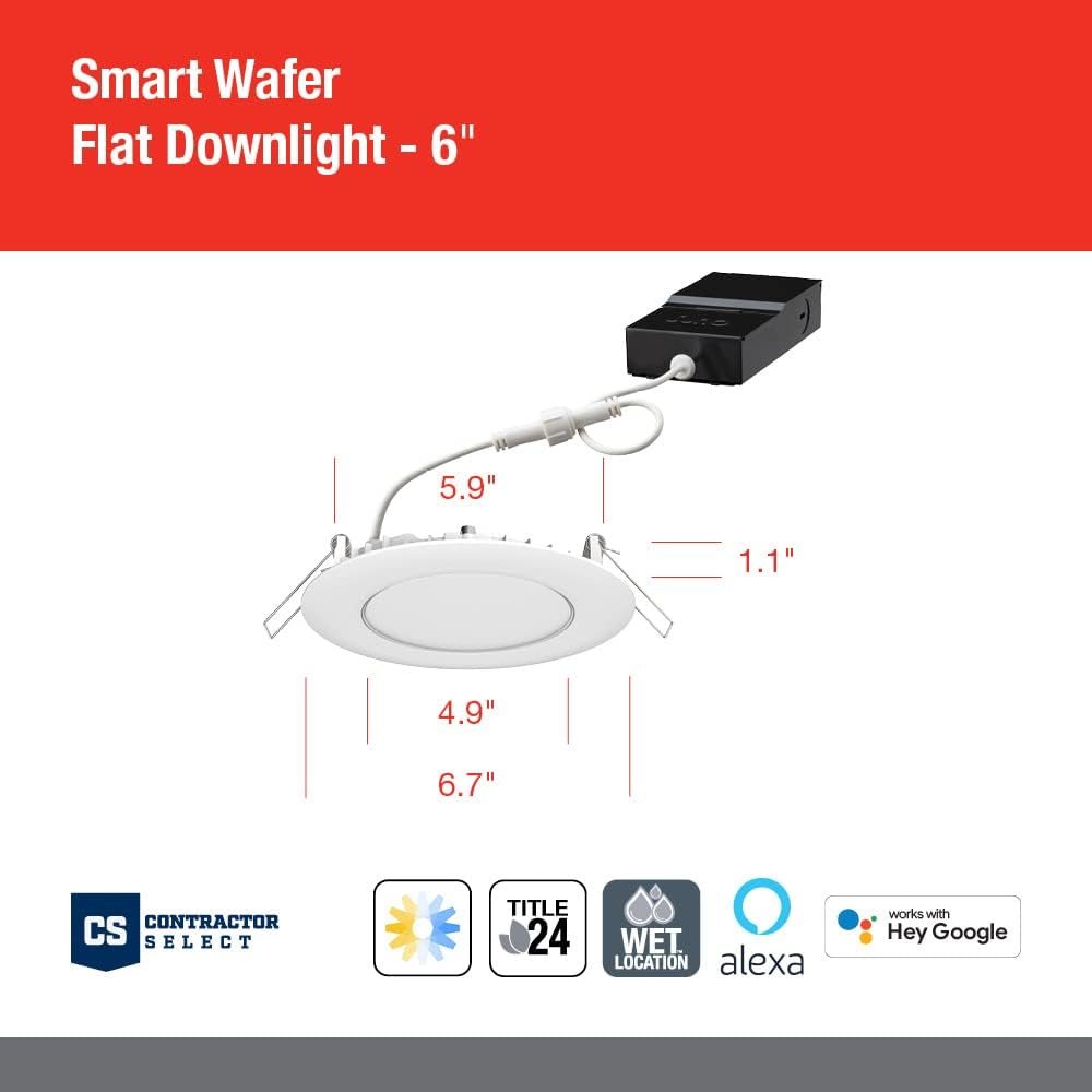 Juno WF6C RD TUWH MW M6 Smart LED Wafer Downlight, 2700K-5000K Tunable White, Dimmable, Zigbee or Bluetooth Connection, Use with Alexa, Google Home, SmartThings, Ultra Thin, 6 Inch, Matte White