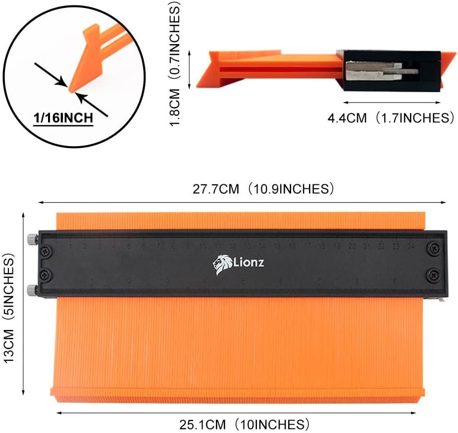 Lionz Contour Gauge Shape and Outline Tool - 10" Super Gauge Profile Tool with Lock and Adjusting Screws for Copying Angles and Odd Shapes. Gifts for Men - Stocking Stuffers for Him
