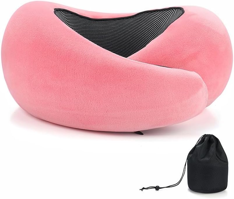 Travel Neck Pillow, Memory Foam Travel Pillow, 360 Degree Comfort and Breathable, Stowable U-Shaped Pillow Neck & Head Support, Portable Pillows for Airplane, Cars, Office (Pink, Velcro)