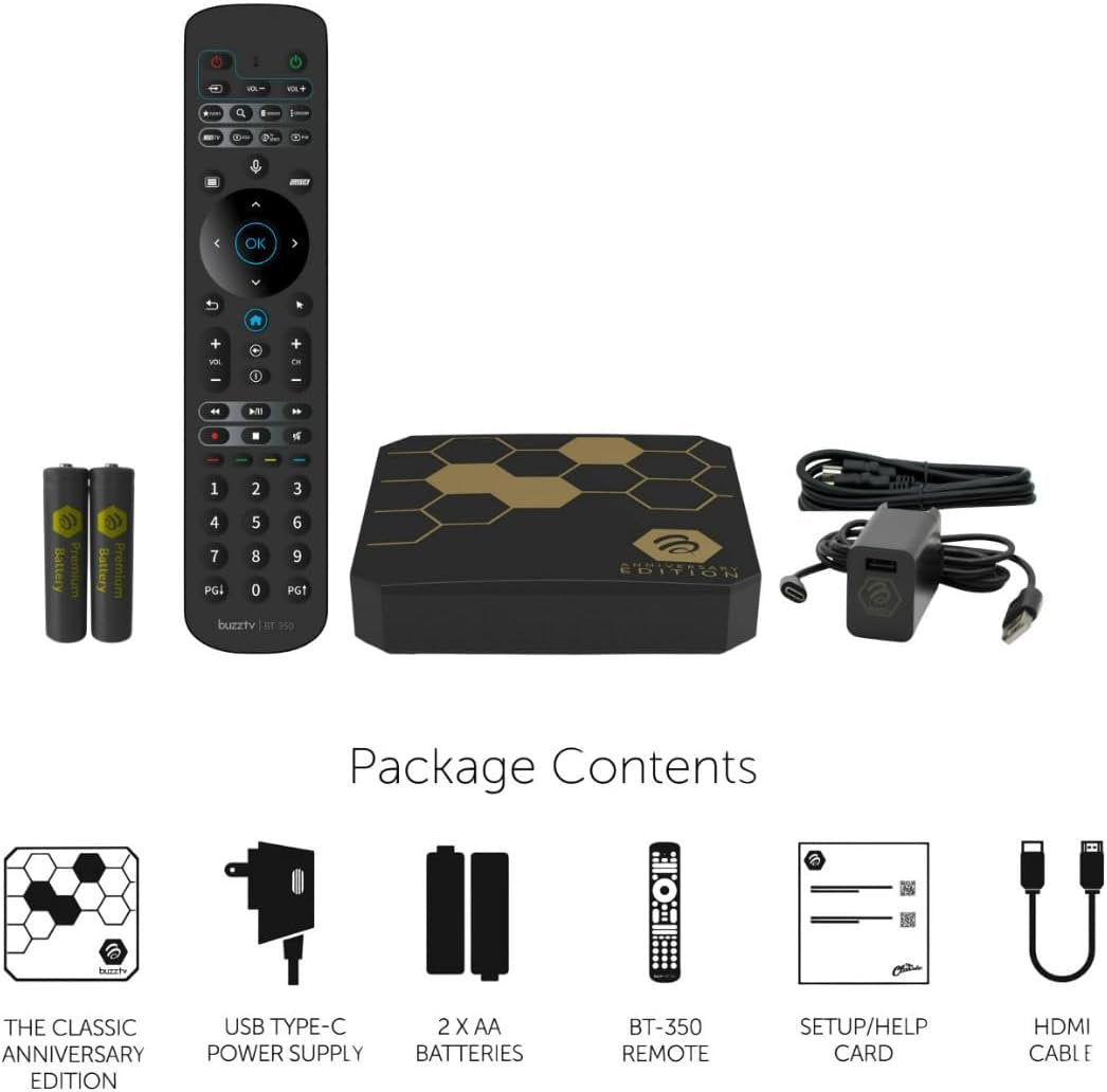 BuzzTV Classic Anniversary Edition 4K Media Device with 4GB RAM, 64GB Storage, BT-350 Voice Remote, Dual Antennas, Gigabit LAN, USB-C Port, and Wi-Fi 6