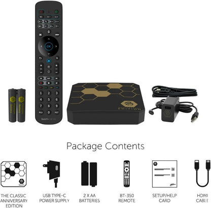 BuzzTV Classic Anniversary Edition 4K Media Device with 4GB RAM, 64GB Storage, BT-350 Voice Remote, Dual Antennas, Gigabit LAN, USB-C Port, and Wi-Fi 6
