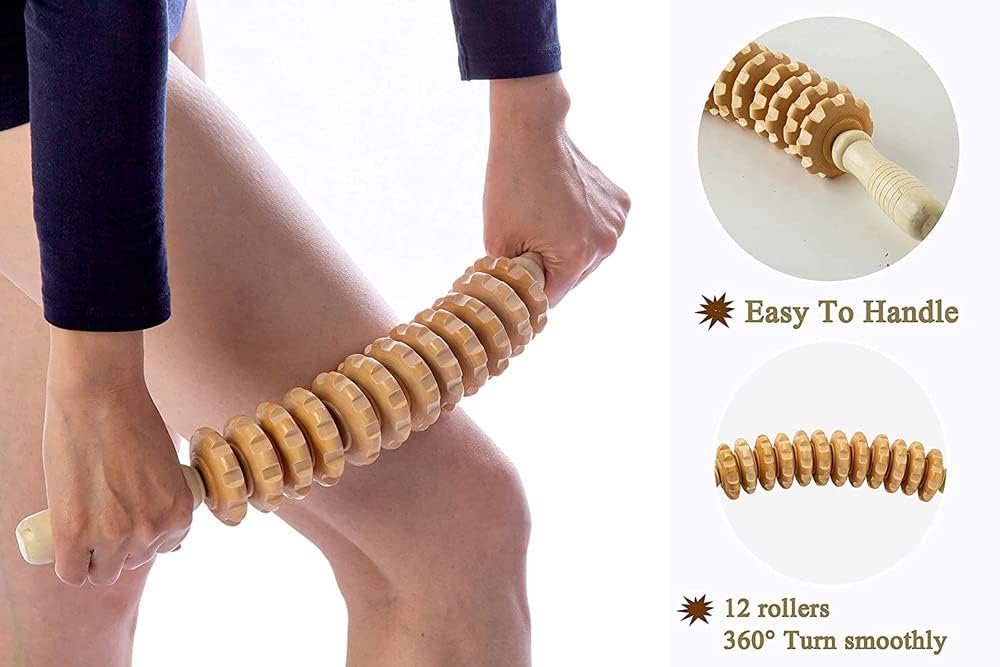Xugoox Curved Wood Therapy Massage Roller for Waist and Thigh, Multi-Functional Body Roller Lymphatic Drainage Massager Roller for Cellulite Reduction and Muscle Tension, Natural Massager for Women and Men 16inch