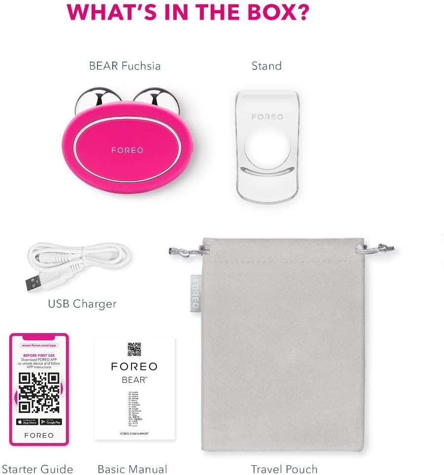 FOREO BEAR Smart Microcurrent Facial Toning Device for Instant Full-Face Firming, Rechargeable, App-connected, 5 Microcurrent Intensities, T-Sonic pulsations, 90 uses/USB charge, Fuchsia