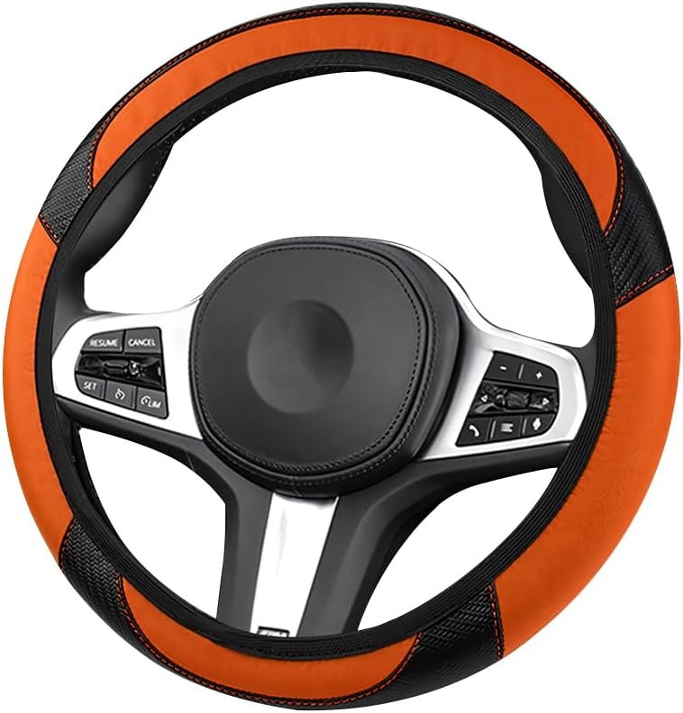 Bittwee Car Steering Wheel Cover, Anti-Slip PU Leather & Carbon Fiber Steering Wheel Protector, Universal 14.5-15 Inch, Automotive Interior Accessories, Fit for Most Cars SUVs (Orange)