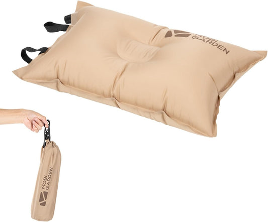 MOBI GARDEN Camping Inflatable Pillow, Automatic Ultralight Sponge, Comfortable Outdoor Travel Sleeping Pillow (Beige)