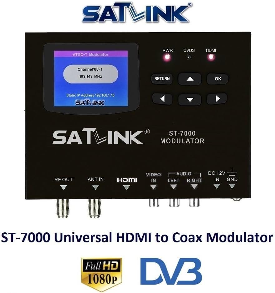 SatLink ST-7000 HDMI to RF Digital Modulator/Encoder Delivers 1080p HDMI Video to TVs as HD ATSC or QAM (J.83B) Channel via Coax Network
