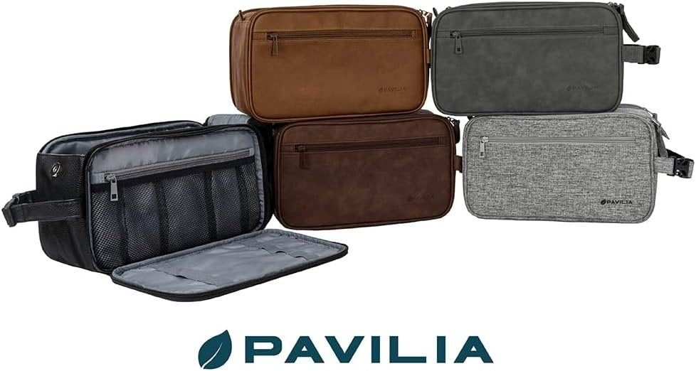 PAVILIA Toiletry Bag for Men, Travel Essentials Shaving Dopp Kit, Travel Bag Toiletries Organizer Case, Cosmetic Make Up Bag, Water Resistant, Brown, Extra Large (12x6x7)