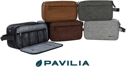 PAVILIA Toiletry Bag for Men, Travel Essentials Shaving Dopp Kit, Travel Bag Toiletries Organizer Case, Cosmetic Make Up Bag, Water Resistant, Brown, Extra Large (12x6x7)