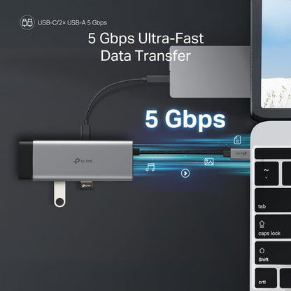 TP-Link 7-Port USB-C Hub (UH7020C): 4K HDMI, 100W PD Charging, 5Gbps Data, Dual SD/microSD Slots, Aluminum Case, Plug & Play for Windows, Mac, iPad, Android, Nintendo.