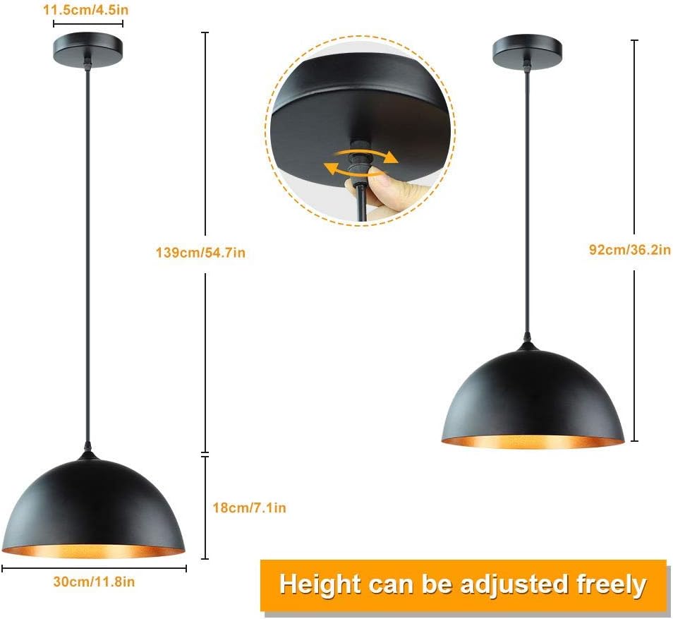Depuley Kitchen Pendant Light, 2 Packs Industrial Ceiling Lighting Fixture with Metal Dome Lamp Shade, Hanging Lamp for Restaurant, Dining Room, Living Room, Coffee, Bar, Black and Gold