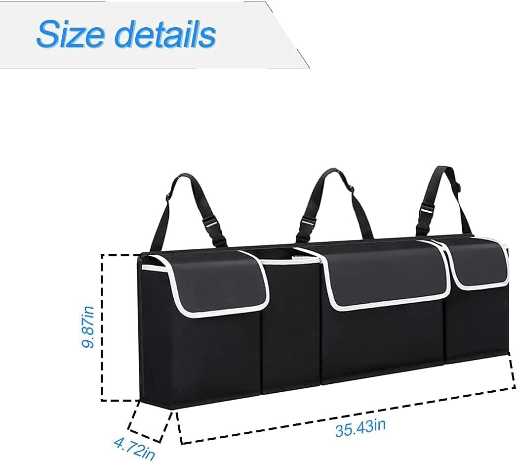 Car Trunk Organizer and Storage, Backseat Hanging Organizer for SUV, Truck, MPV, Waterproof, Collapsible Cargo Storage Bag with 4 Pockets, Car Interior Accessories (Black)