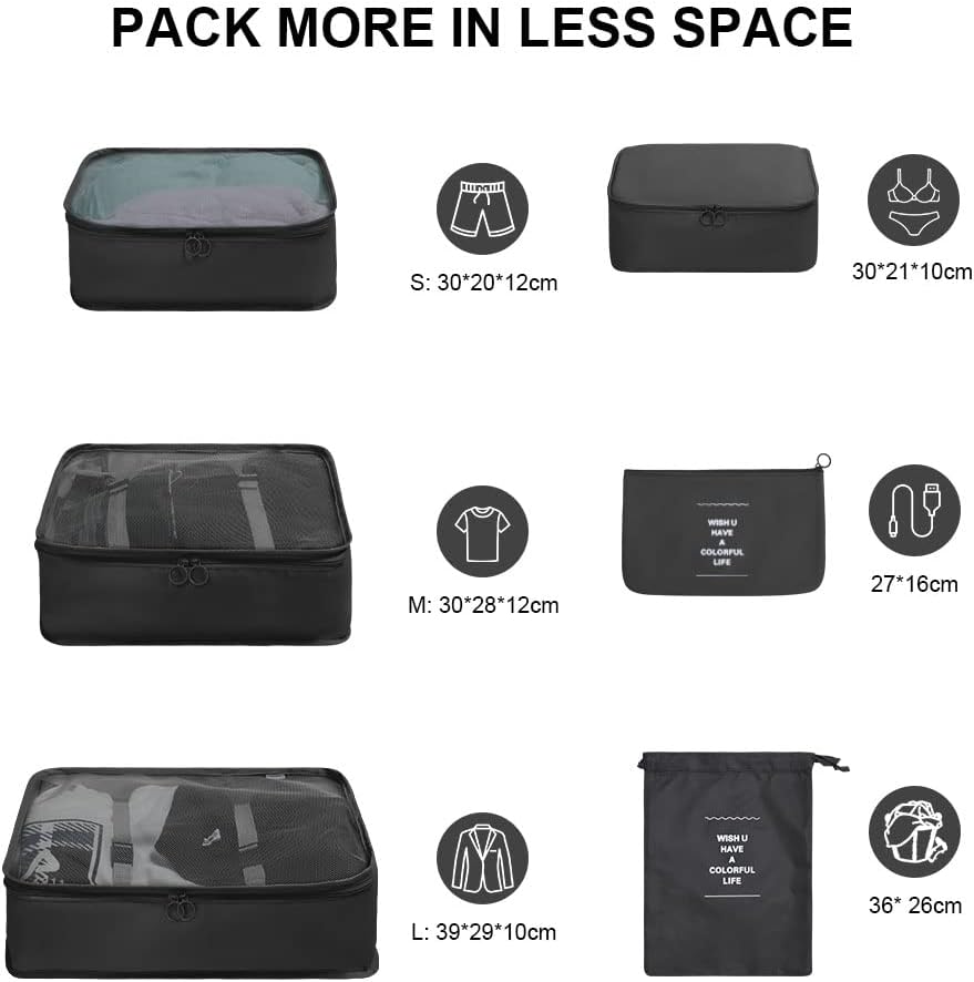 OSDUE Luggage Organizer, 6 Pieces Travel Cube System, Separators Travel Pouches, Travel Organizers, Clothing Underwear Footwear Organizers Sacks Storage Suitcase Set, Black-6pcs
