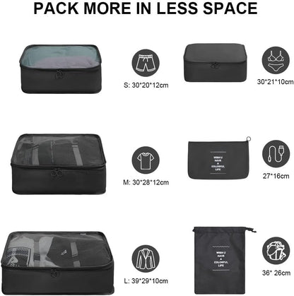 OSDUE Luggage Organizer, 6 Pieces Travel Cube System, Separators Travel Pouches, Travel Organizers, Clothing Underwear Footwear Organizers Sacks Storage Suitcase Set, Black-6pcs