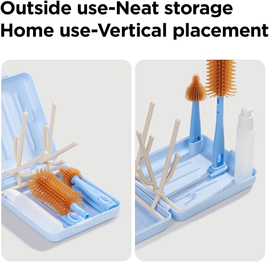 YOTIME Travel Bottle Brush, Travel Bottle Cleaner Kit with Foldable Bottle Drying Rack, for Visit Friends and Relations, Baby Travel Essentials, BPA Free, Blue