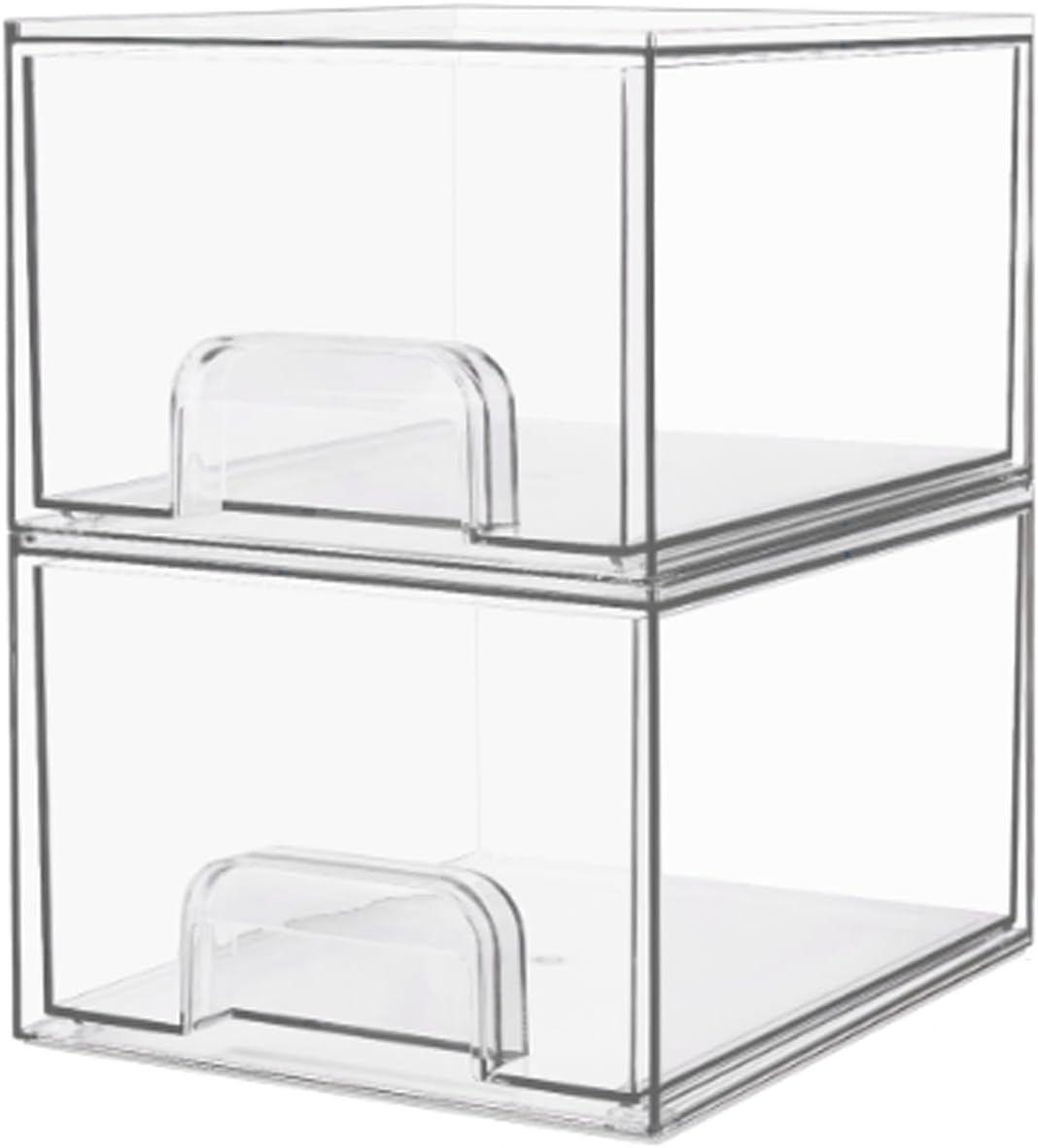 2 Pack Clear Stackable Storage Drawers,Makeup Organizer,4.4'' Tall Acrylic Bathroom Organizers,For Vanity, Undersink, Kitchen Cabinets, Pantry, Home Organization