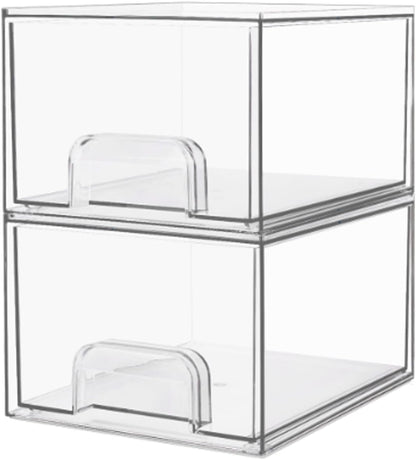 2 Pack Clear Stackable Storage Drawers,Makeup Organizer,4.4'' Tall Acrylic Bathroom Organizers,For Vanity, Undersink, Kitchen Cabinets, Pantry, Home Organization