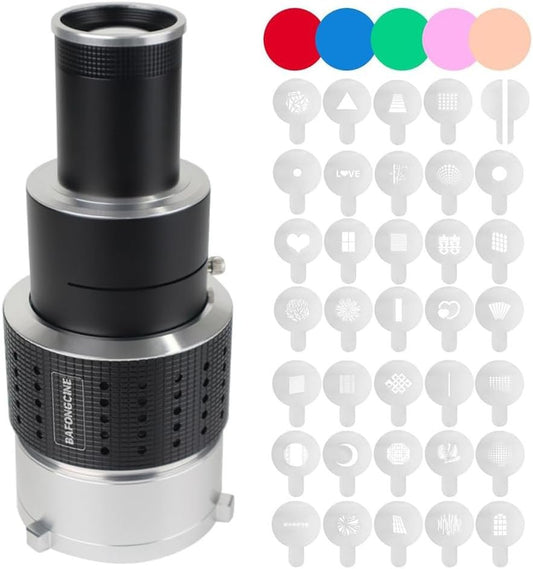 BAFONGCINE Optical Bowens Mount Projector Attachment Spotlight Conical Optical Snoot Photography Kit with Color Filters Various Gobos for Aputure Amaran 100DS/XS 200XS/DS 300C/DII/X 60D/XS Godox SL60