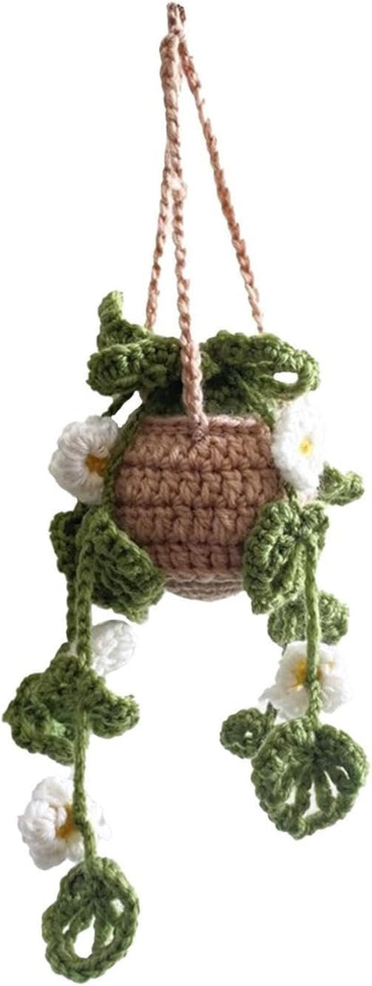 Crochet Hanging Plant for Car - Cute Car Accessories, Crochet Potted Plants, Car Hanging Accessories, Handmade Knitted Rear View Accessories Car Interior Aesthetic