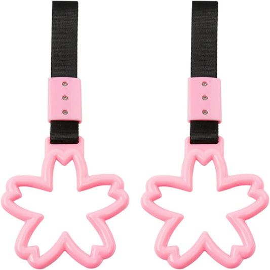 Bnapott 2 Pieces Car Handle Ring, Sakura Shaped Handle Hand Strap for Subway Train Bus, Car Exterior Accessories and Rear Bumper Warning Ring(Pink)