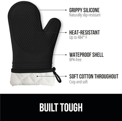 GORILLA GRIP Heat Resistant Durable Silicone Oven Mitts, BPA-Free Protective Grilling Potholders, Soft Cotton Lining, Flexible Waterproof Cooking Mitt Set, Kitchen Home Essentials, 12.5x8.3, Black