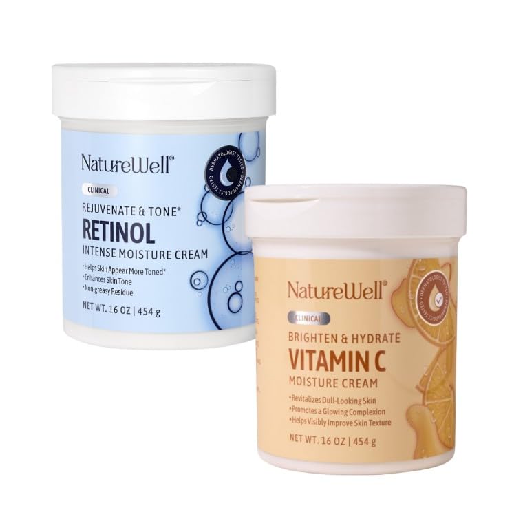 NATURE WELL Clinical Retinol & Vitamin C Moisturizing Cream Skincare Bundle for Face, Body, & Hands, Anti-Aging, Hydrating, Non-Greasy
