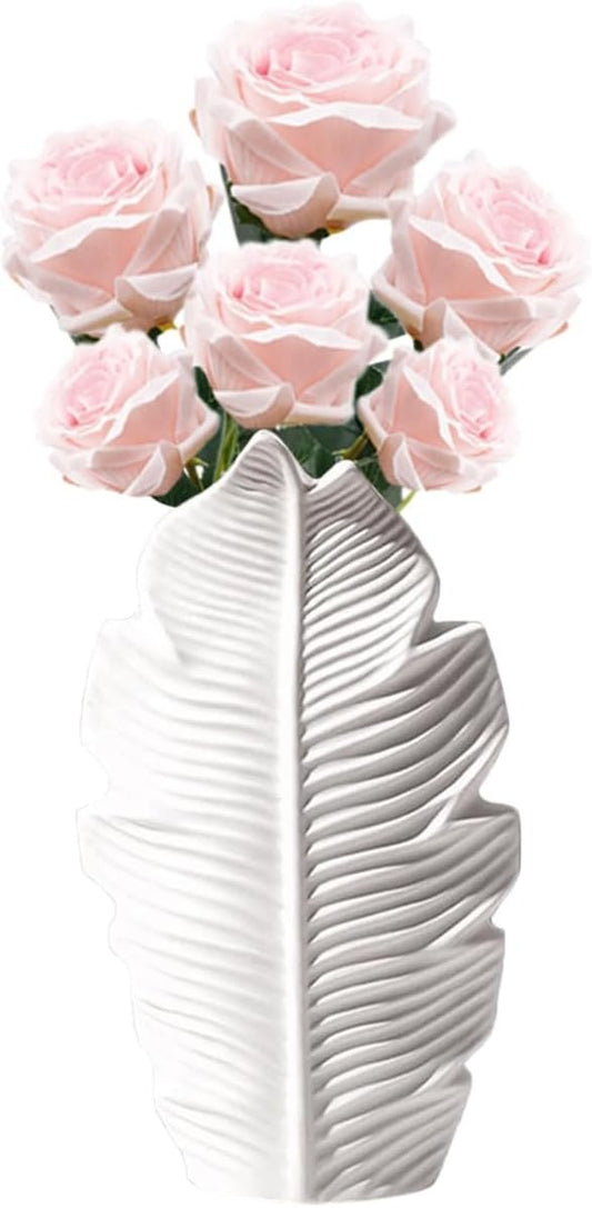Modern Decorative White Ceramic Vase - Small Boho Maple Leaf Shape Nordic Minimalist Style Flower Vase for Desk, Living Room, Wedding Table, Office (S)