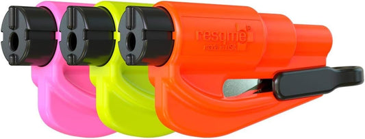 resqme The Original Emergency Keychain Car Escape Tool, 2-in-1 Seatbelt Cutter and Window Breaker, Made in USA, Family Pack of 3, Orange, Yellow, Pink - Compact Emergency Hammer