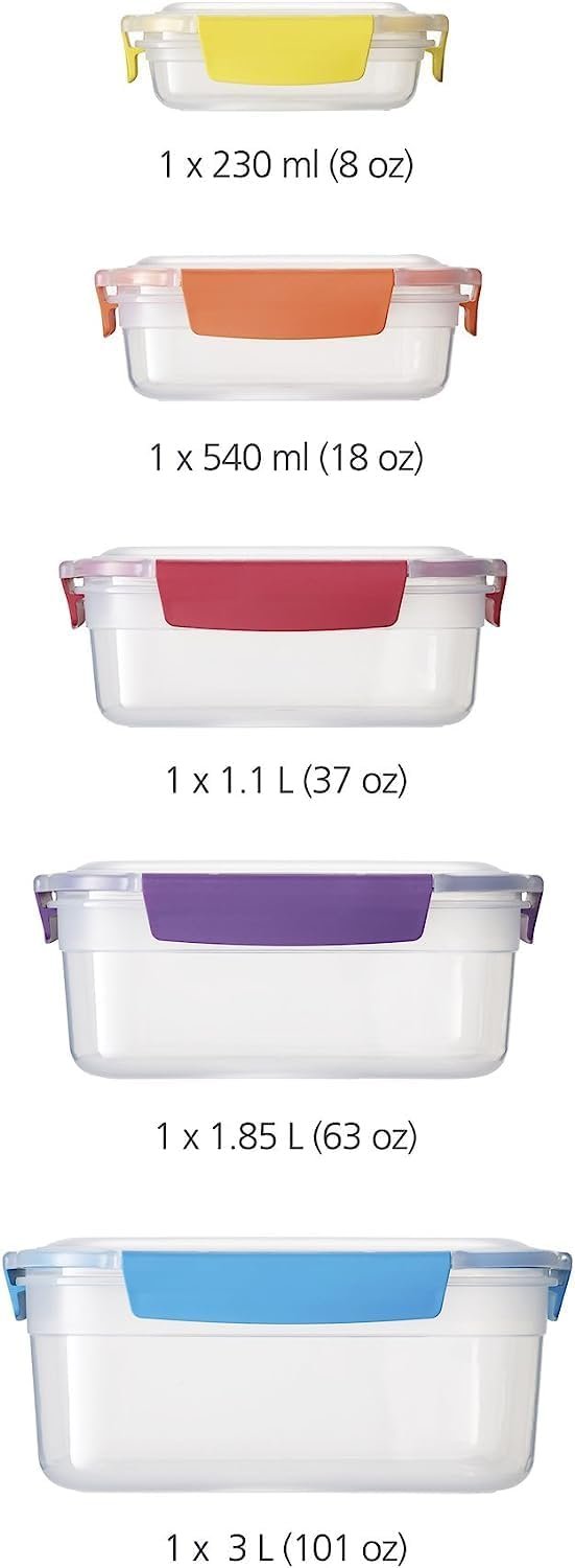 Food Storage Container Set with Lockable Airtight Leakproof Lids, 10-Piece, Multi-Color, Plastic BPA Free