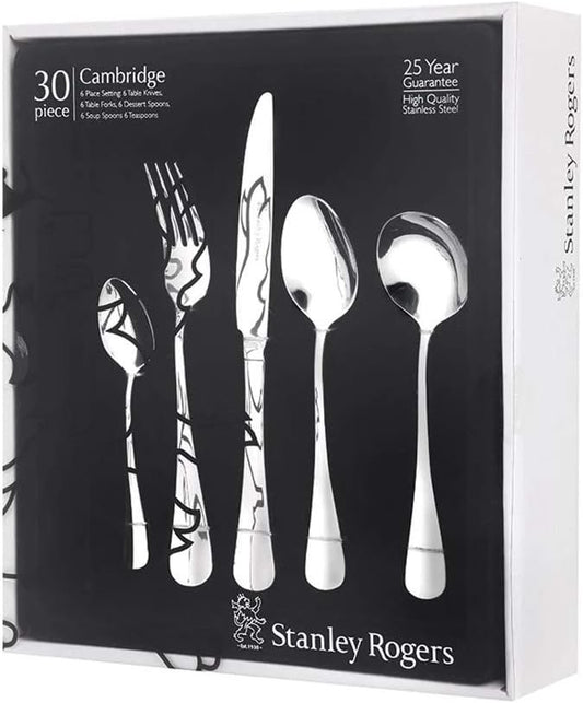 Stanley Rogers Cambridge Cutlery 30-Piece Set â€“ Stainless Steel Flatware for 6 People â€“ Elegant Table Setting for Everyday or Entertaining