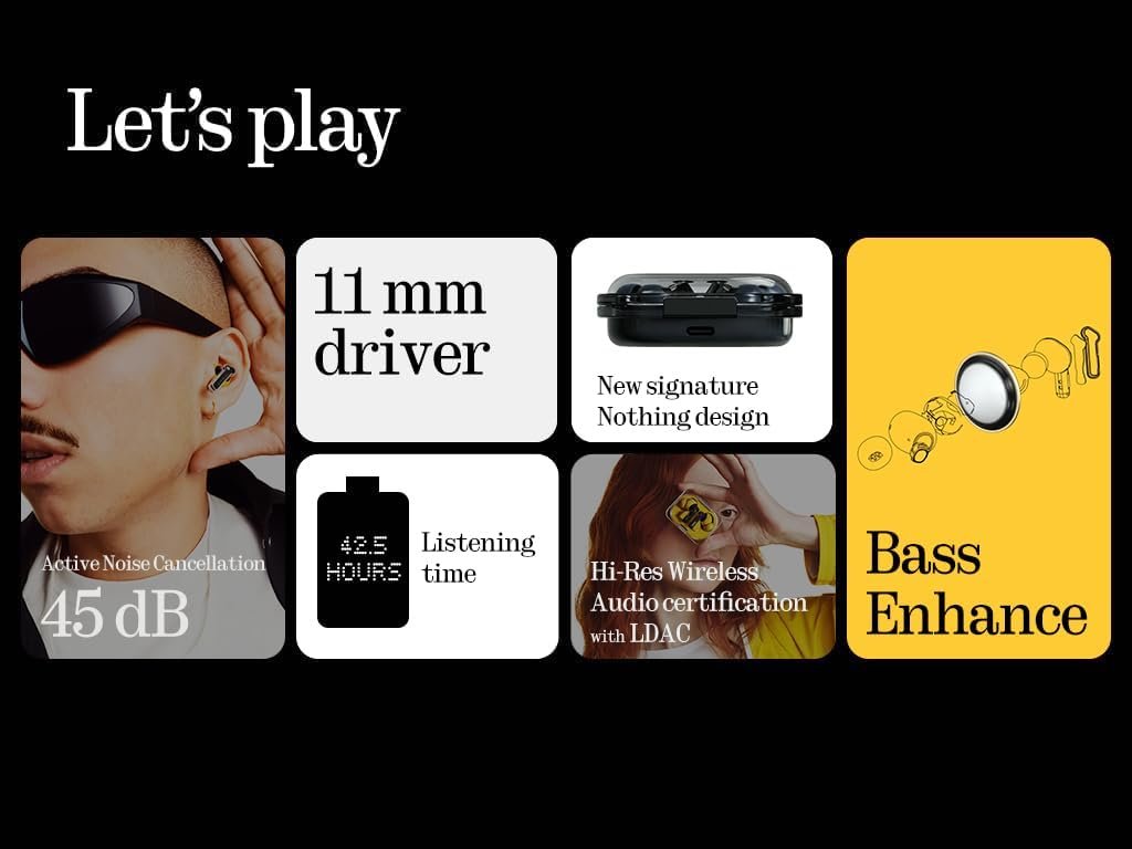 Nothing Ear(a) Wireless Earbuds with Active Noise Cancellation, Bass Boost Algorithm and Up to 42.5 Hours of Listening Time - Black