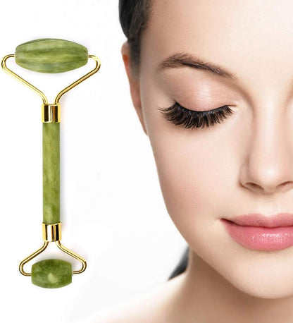 Jade Face Roller - GLAMZA Double Ended Facial Roller - Stimulates Lymphatic Drainage, Improving Skin-tone & Reducing Fine Lines & Wrinkles
