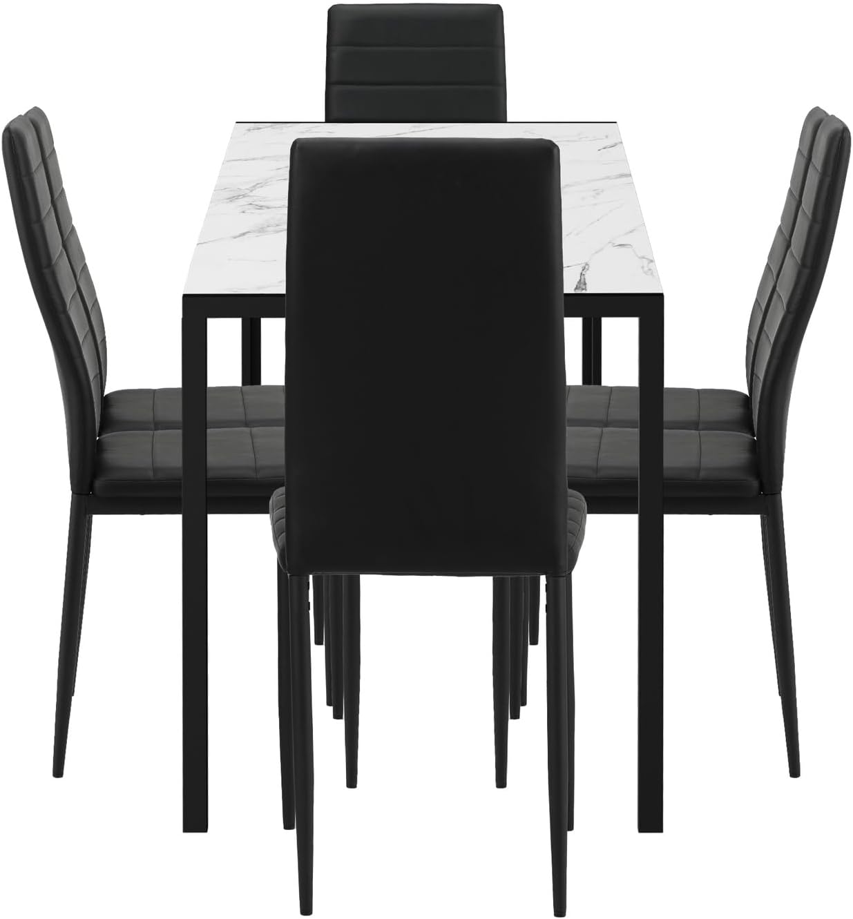 Oikiture Dining Table with Dining Chairs for Set 6PCS 140cm Rectangle Marble Table Top White&Black for Home Kitchen or Dining Room