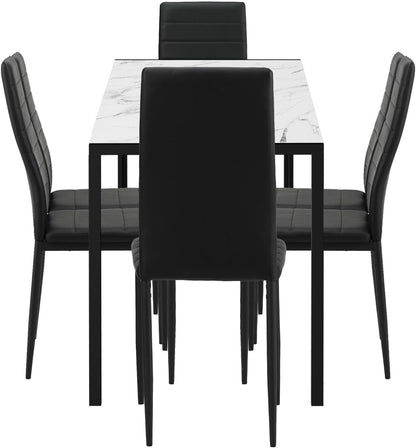 Oikiture Dining Table with Dining Chairs for Set 6PCS 140cm Rectangle Marble Table Top White&Black for Home Kitchen or Dining Room