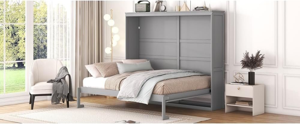 Murphy Wall Cabinet Bed with Foldable Design Space Saving with Slatted Base for Guest Room Home Office Small Apartment MDF Plywood Frame No Box Spring Needed (Gray,Full)