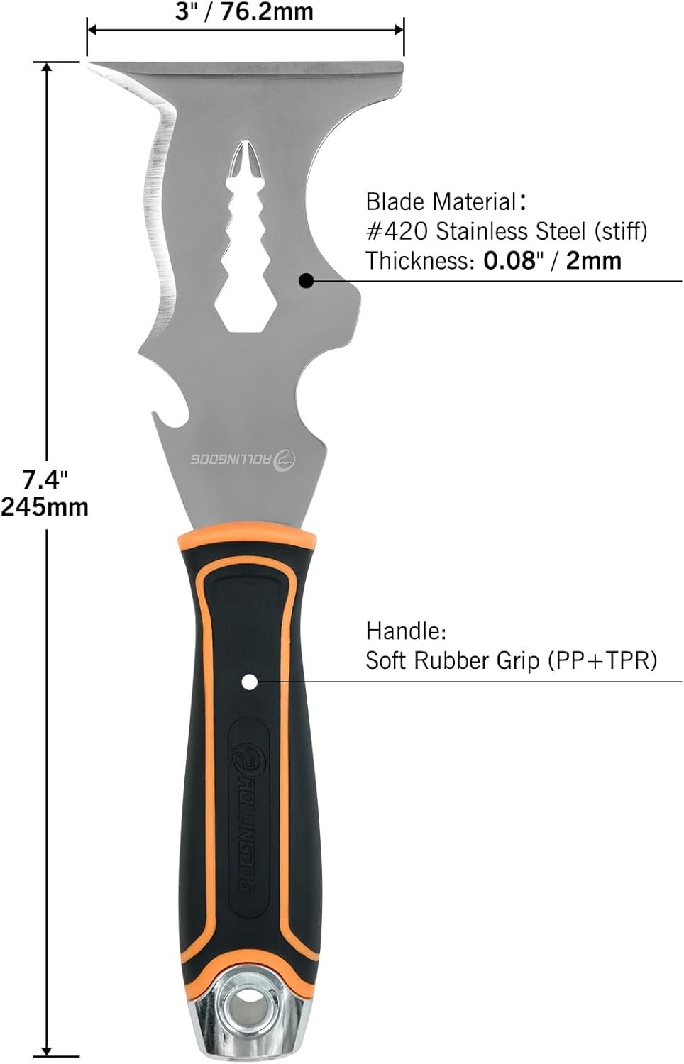 ROLLINGDOG Paint Scraper - 3" Putty Knife Scraper with Stainless Steel Blade,Metal Hammer End,Multi Tool (14 in 1)
