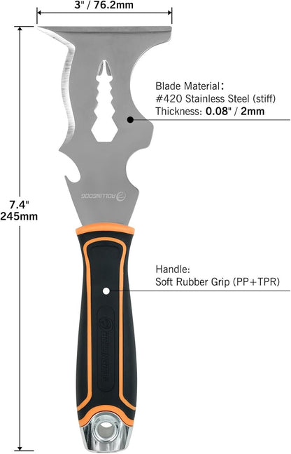 ROLLINGDOG Paint Scraper - 3" Putty Knife Scraper with Stainless Steel Blade,Metal Hammer End,Multi Tool (14 in 1)