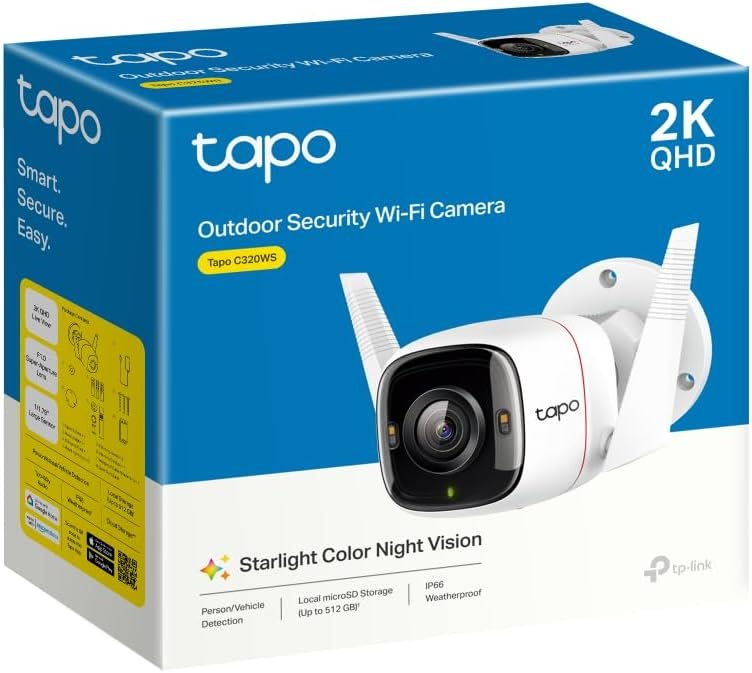 TP-Link Tapo Outdoor Security Camera, Wi-Fi/Ethernet Connection, 2K QHD, 4MP, Color Night Vision, IP66, Smart Motion Detection & Notifications, Vioce Control, Two-Way Audio, SD Card Slot (Tapo C320WS)