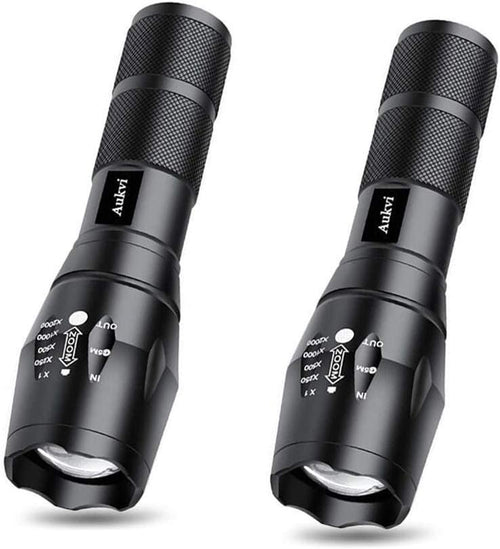 AuKvi TC1200 Tactical Flashlight 3000 Lumens Zoomable 5 Modes for Hurricane Camping Hiking etc (2-Pack)
