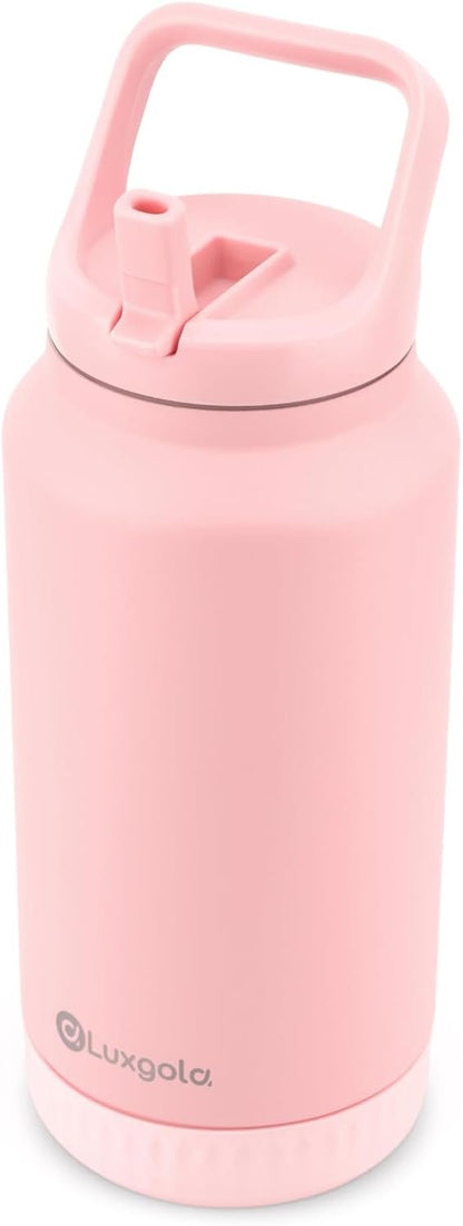 Luxgola 64 oz Insulated Water Bottle with Flip Straw Lid and Top Handle, Half Gallon Stainless Steel Vacuum Tumbler, Keeps Drinks Cold/Hot, Wide Mouth, Leak Proof, BPA-Free, Non-Slip Base - Pink