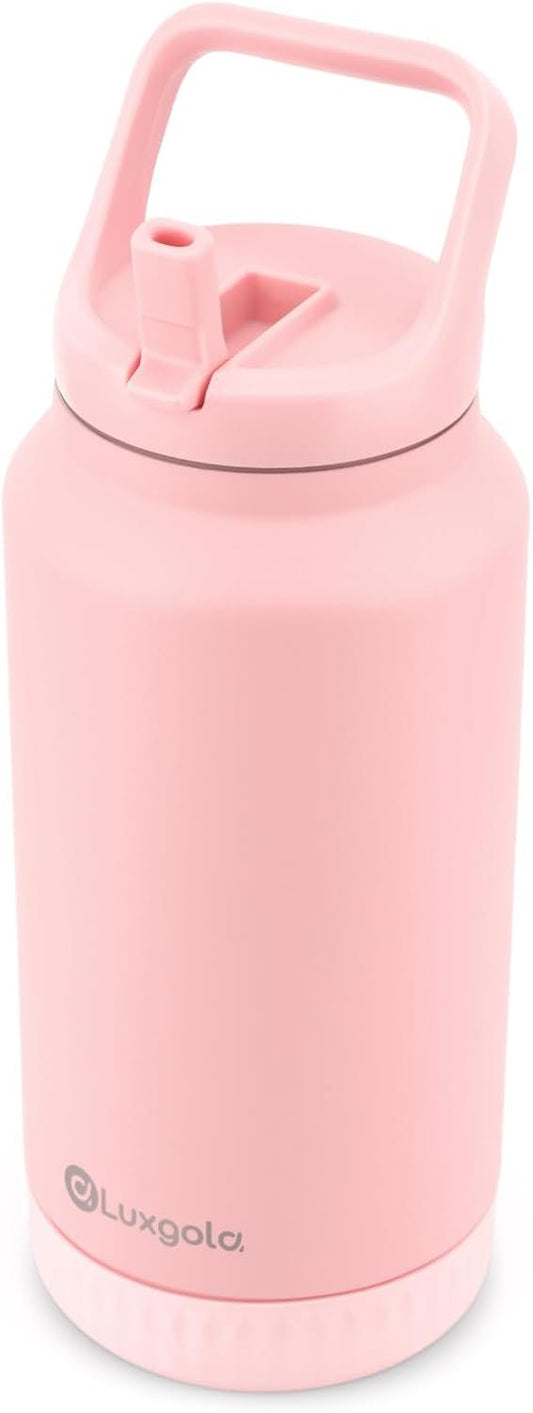 Luxgola 64 oz Insulated Water Bottle with Flip Straw Lid and Top Handle, Half Gallon Stainless Steel Vacuum Tumbler, Keeps Drinks Cold/Hot, Wide Mouth, Leak Proof, BPA-Free, Non-Slip Base - Pink