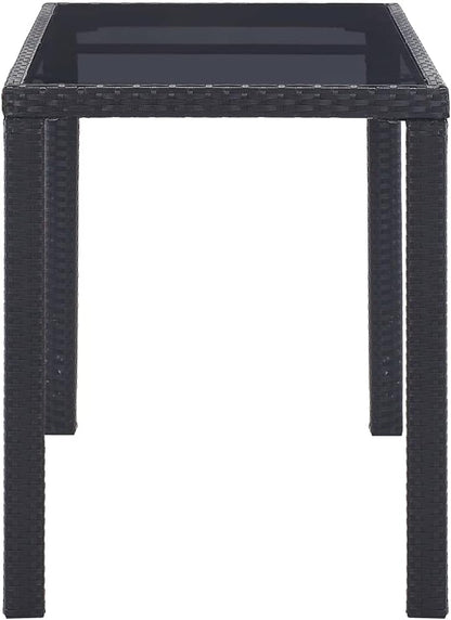 vidaXL Garden Table - Black, Stylish Outdoor Dining Table with Glass Tabletop, PE Rattan and Steel Frame, 123x60x74 cm