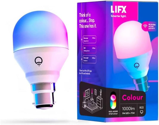 LIFX Colour A60 1000 lumens [B22 Bayonet Cap], Billions of Colours and Whites, Wi-Fi Smart LED Light Bulb, No Bridge Required, Compatible with Alexa, Hey Google, HomeKit and Siri.