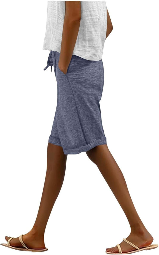 Knee Length Sweat Shorts for Women Summer Cozy Bermudas Loose Drawstring Waist Running Short Pants Athletic Bermuda