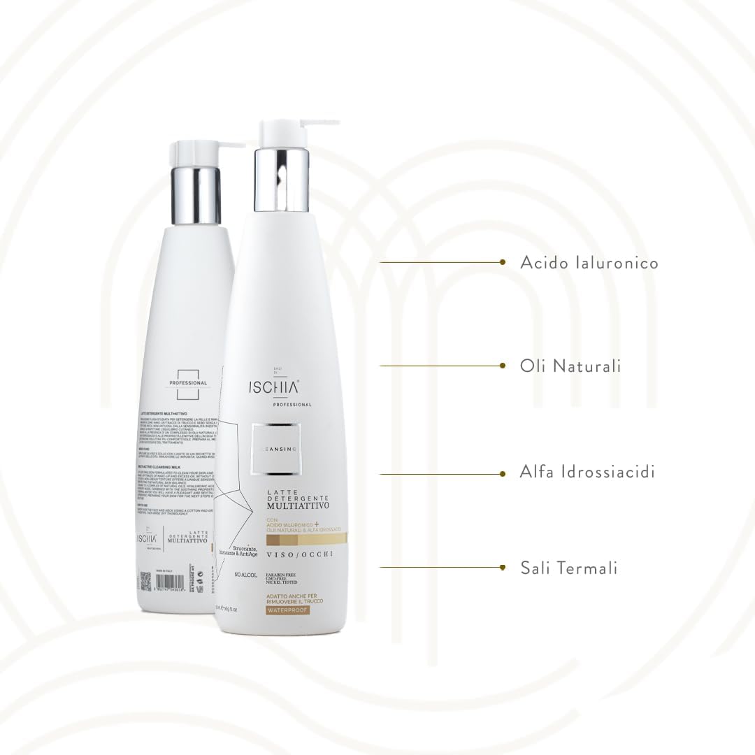 Ischia Pro Salts [ 500 ml] – Multi-active Cleansing Milk – Face Cleanser Neck, Decoltè – Anti-Aging Action – Hyaluronic Acid, Natural Oils, Alpha Hydroxy Acids, Thermal Water.