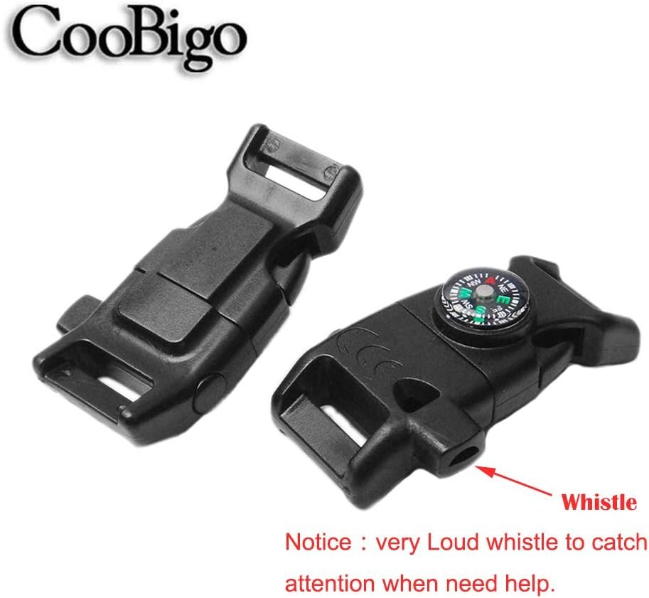 5pcs Pack Black 5/8" Compass Flint Scraper Fire Starter Whistle Buckle Plastic Paracord Bracelet Outdoor Camping Emergency Survival Travel Kits #FLC158-FWC(Black)