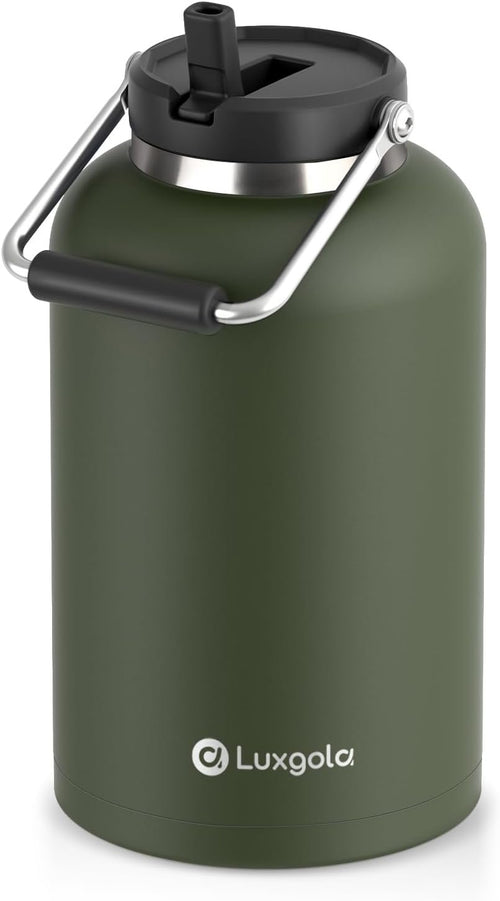 Luxgola 128 oz Insulated Water Bottle with Straw Lid and Handle, One Gallon Stainless Steel Double Vacuum Water Jug for Hot & Cold Drinks - Sweat Proof, Great for Travel, Hiking, Camping - Olive Green