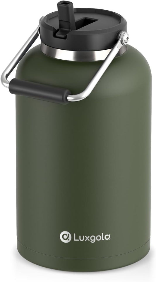 Luxgola 128 oz Insulated Water Bottle with Straw Lid and Handle, One Gallon Stainless Steel Double Vacuum Water Jug for Hot & Cold Drinks - Sweat Proof, Great for Travel, Hiking, Camping - Olive Green