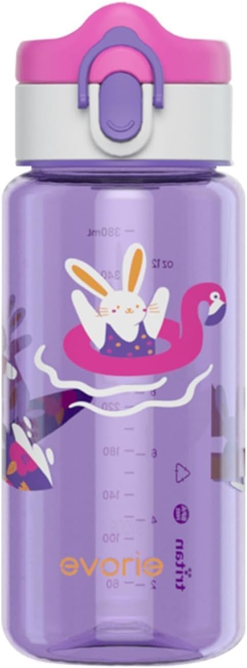 Evorie Tritan Kids Water Bottle for School No Straw 380mL 13oz BPA Free Plastic Sports Bottle Reusable Lightweight Leak-Proof Travel Drinks Bottle Spout Drinking Cup ï¼ˆPurple Bunnyï¼‰